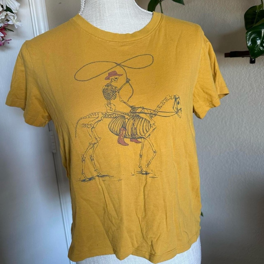 American Eagle Outfitters Mustard Yellow Cowboy Skeleton Graphic Tee